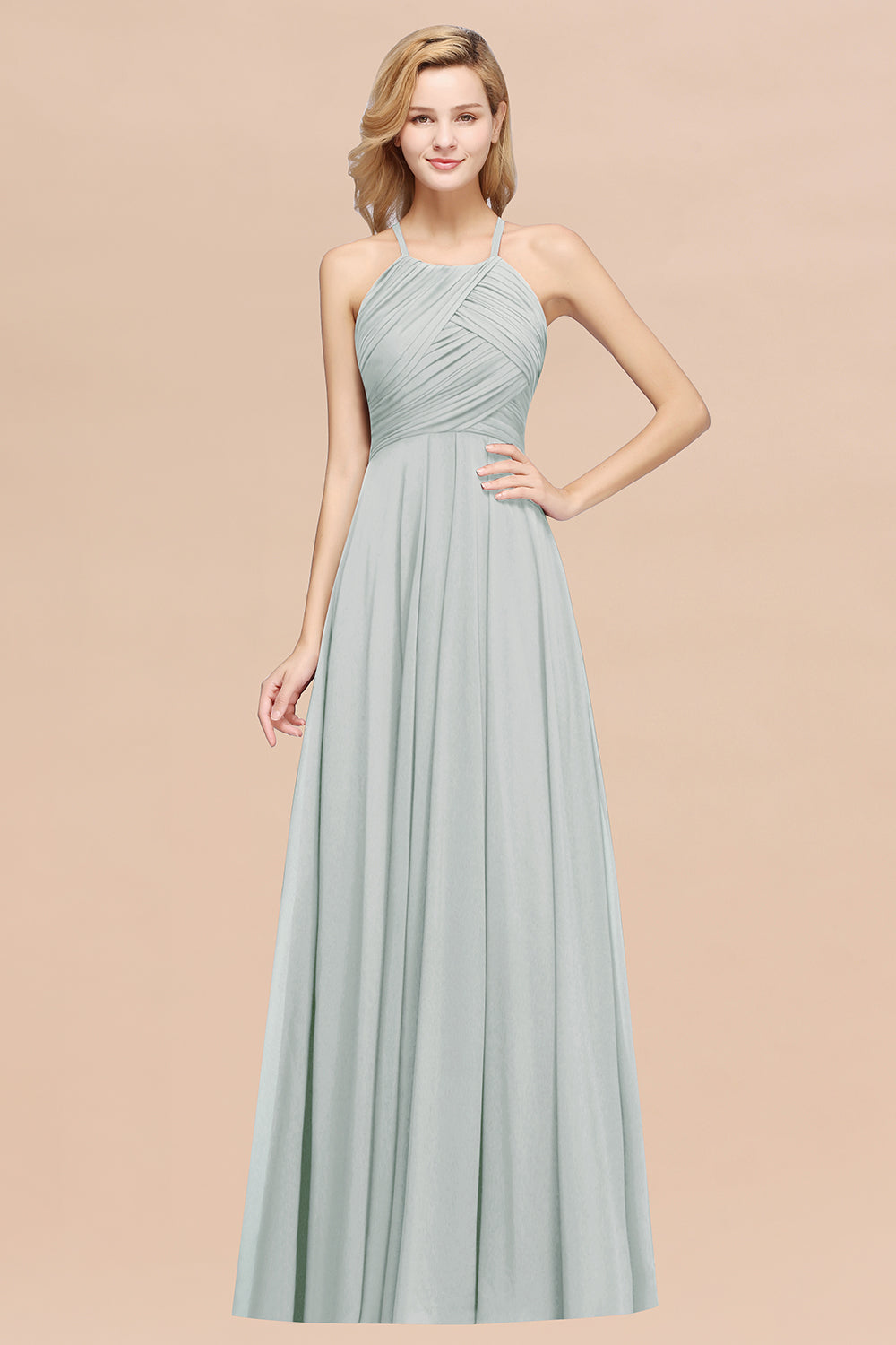 Elegant A-Line Chiffon Halter Ruffles Long Bridesmaid Dress-BIZTUNNEL