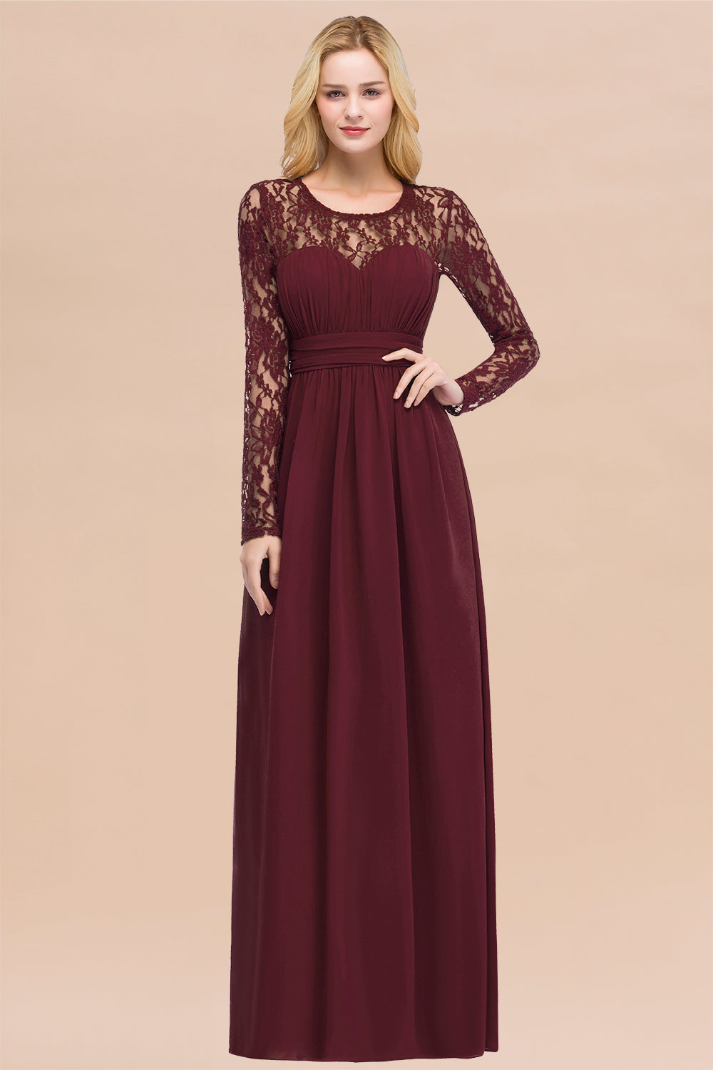 Elegant A-Line Chiffon Jewel Long Sleeves Bridesmaid Dresses with Ruff – BIZTUNNEL