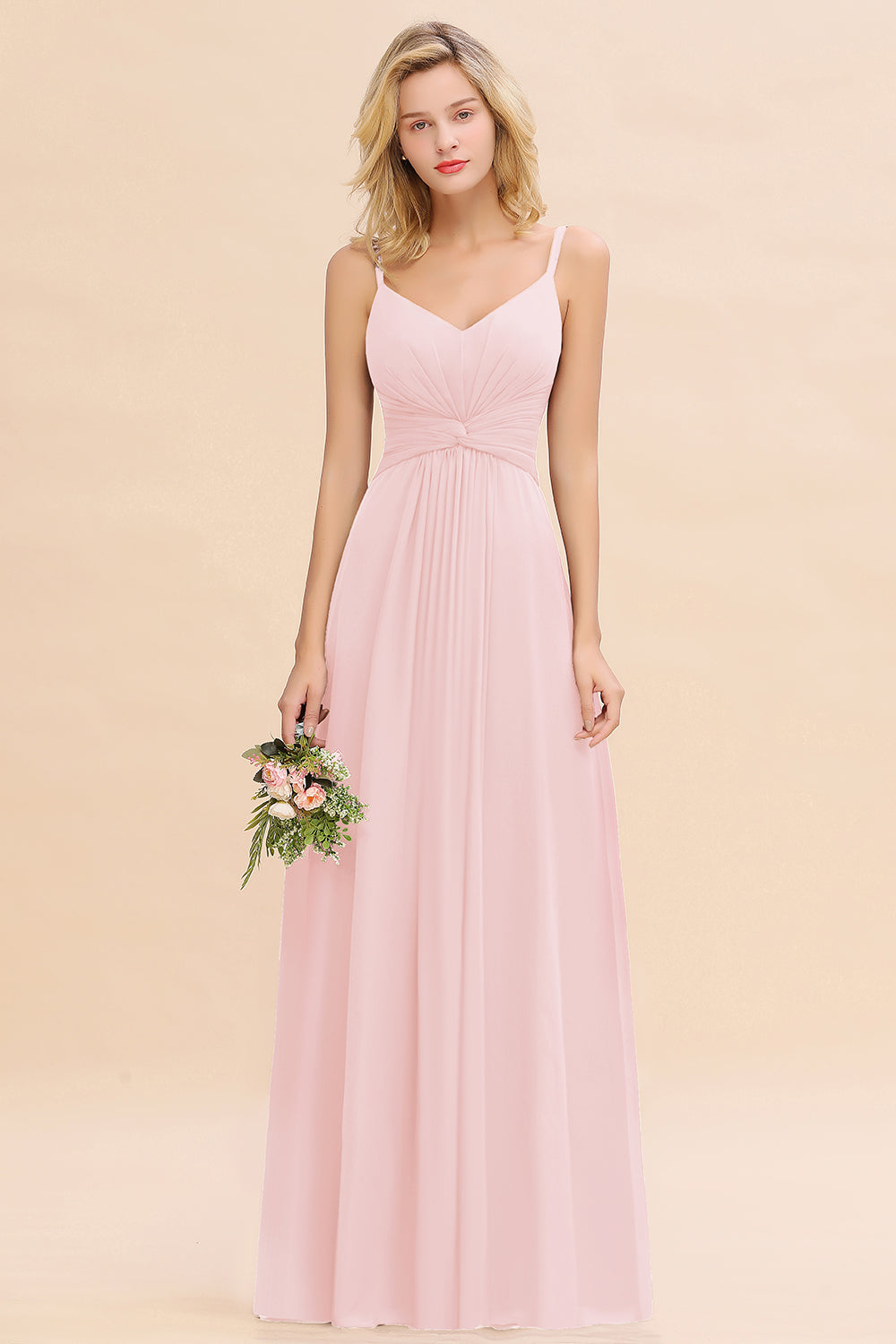 Elegant Floral Chiffon Spaghetti Straps V-neck Long Bridesmaid Dresses With Slit