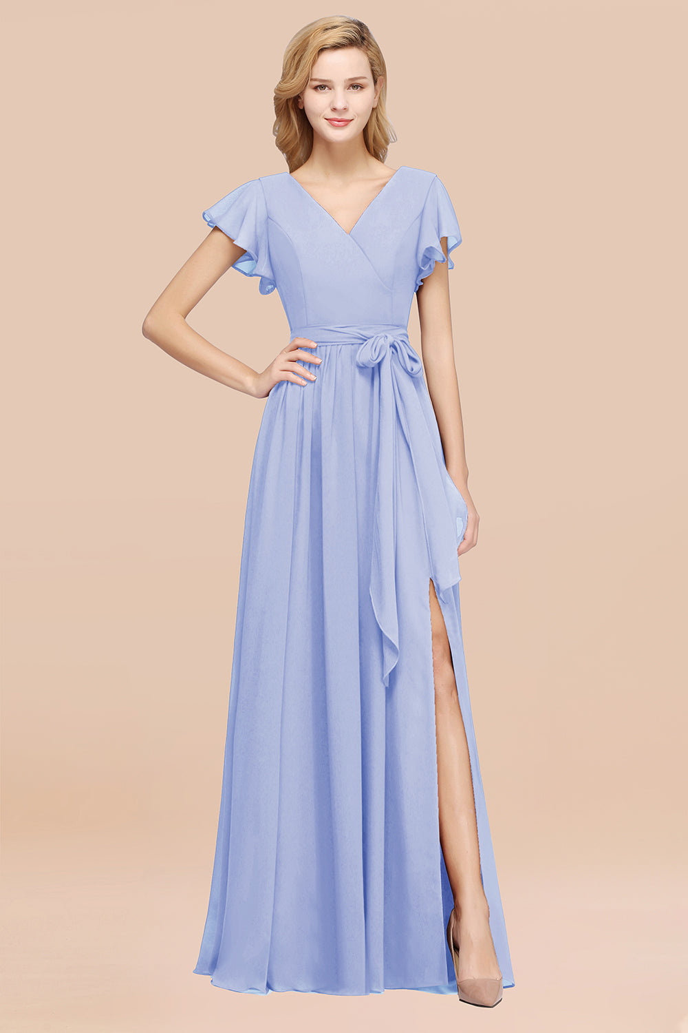 Elegant A-line Chiffon V-Neck Bow Sash Long Bridesmaid Dresses with Slit-BIZTUNNEL