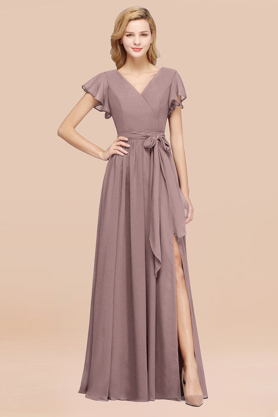 Elegant A-line Chiffon V-Neck Bow Sash Long Bridesmaid Dresses with Slit-BIZTUNNEL