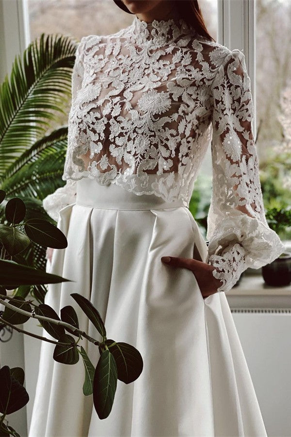 Elegant A-line High Neck Satin Lace Long Sleeves Wedding Dress with Pockets Elegant A-line High Neck Satin Lace Long Sleeves Wedding Dress with Pockets