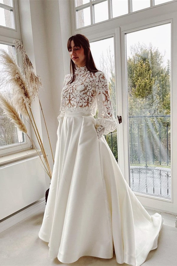 Elegant A-Line High Neck Satin Lace Long Sleeves Wedding Dress with Pockets Elegant A-Line High Neck Satin Lace Long Sleeves Wedding Dress with Pockets
