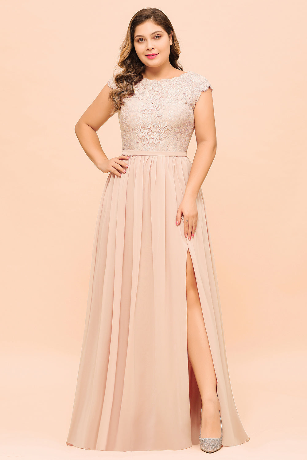 Elegant A-line Jewel Chiffon Long Plus Size Bridesmaid Dresses with Slit