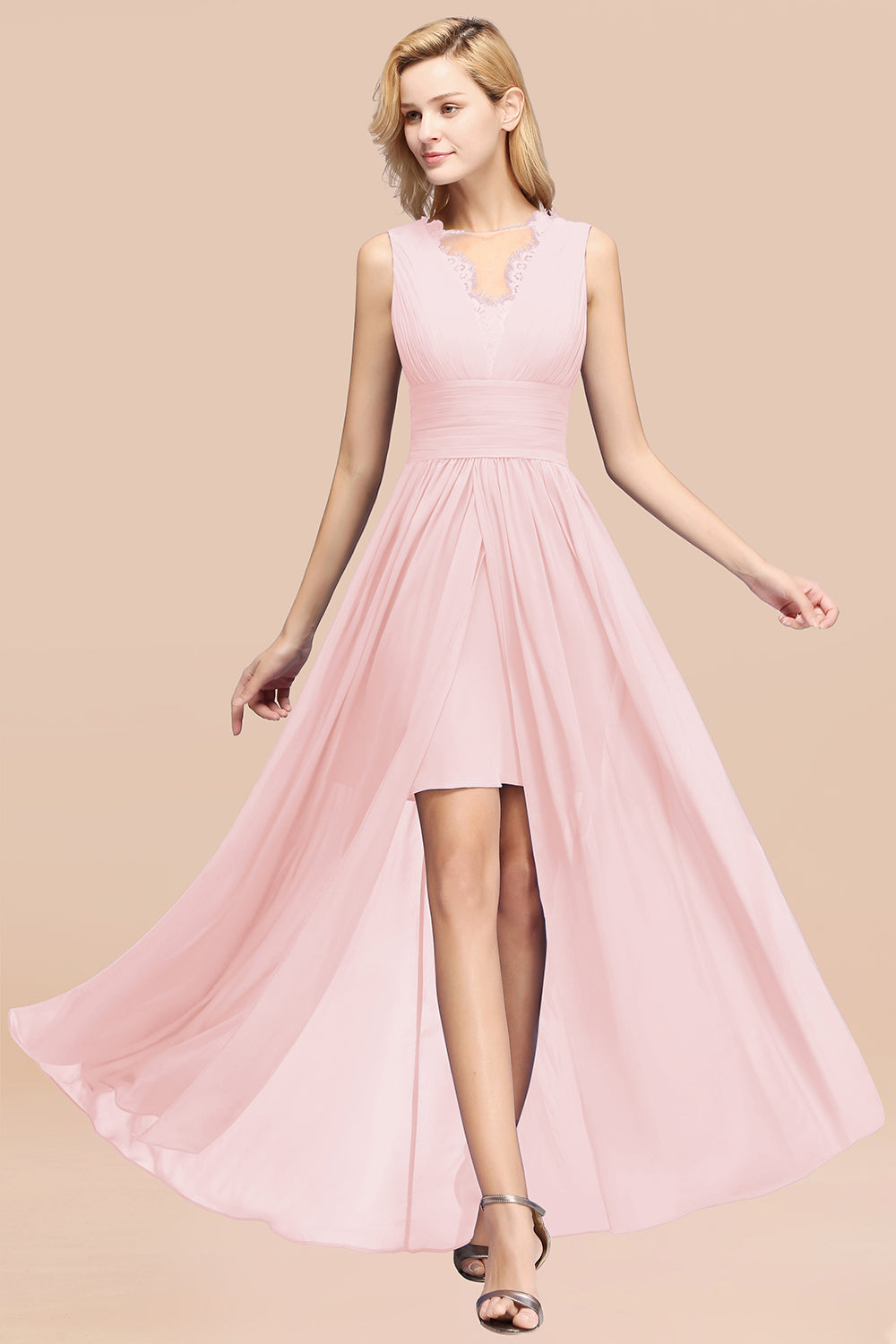 Elegant A-line Sleeveless V-Neck Ruffle Chiffon Lace Bridesmaid Dresses