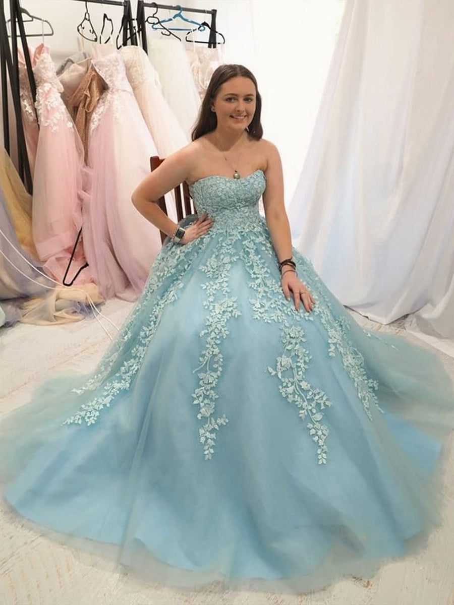 Elegant A-line Strapless Tulle Lace Formal Graduation Dresses Long Prom Gowns Elegant A-line Strapless Tulle Lace Formal Graduation Dresses Long Prom Gowns