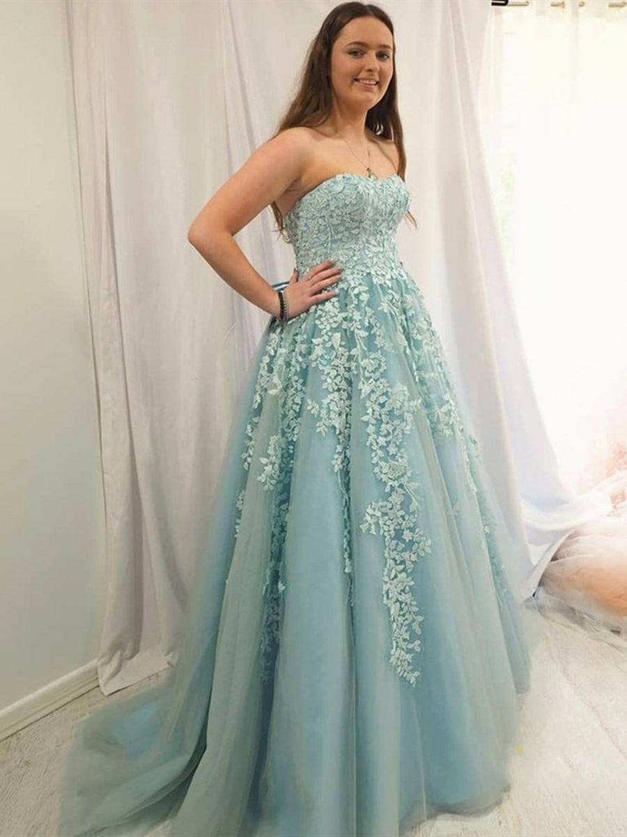Elegant A-line Strapless Tulle Lace Formal Graduation Dresses Long Prom Gowns Elegant A-line Strapless Tulle Lace Formal Graduation Dresses Long Prom Gowns