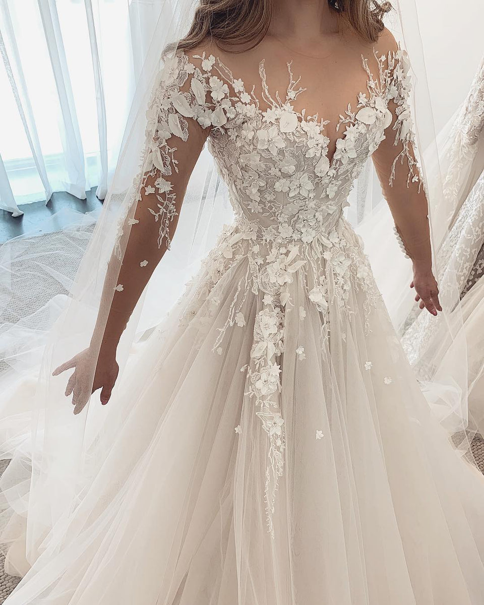 Online Cheap Lace A-line Sweetheart Long Wedding Dresses with Appliques PW212