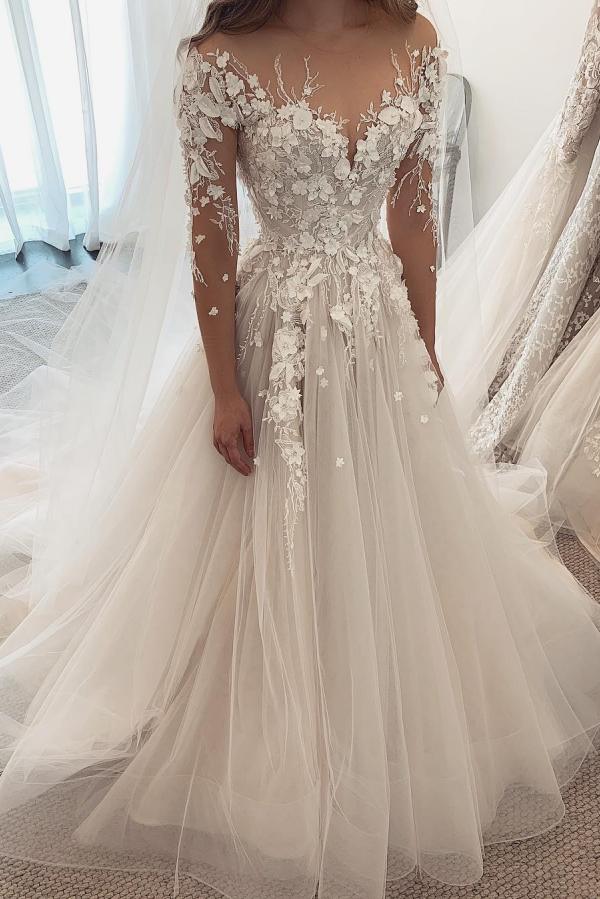Elegant A-Line Sweetheart Long Sleeve Appliques Lace Tulle Wedding Dress Elegant A-Line Sweetheart Long Sleeve Appliques Lace Tulle Wedding Dress