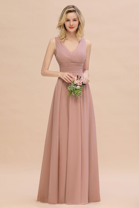 Elegant A-line V-Neck Long Bridesmaid Dress with Ruffles-BIZTUNNEL