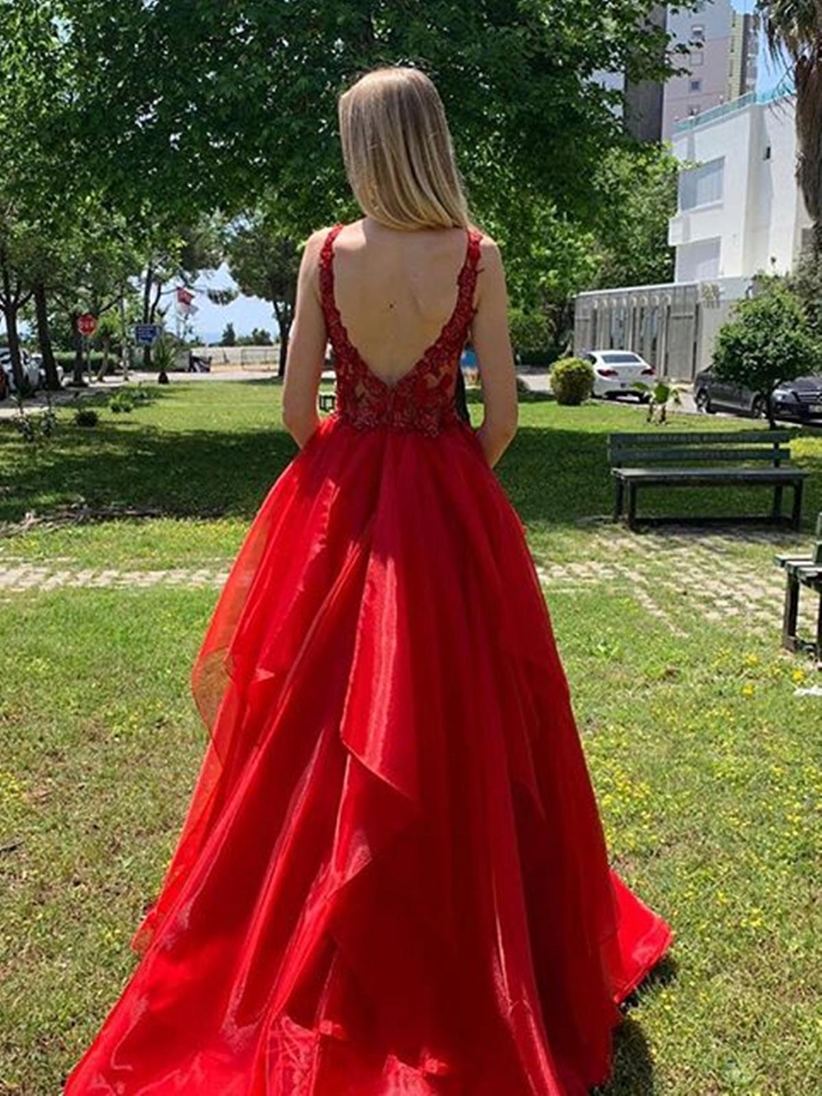 prom dresses red backless Elegant A-line V Neck Open Back Long Prom Dresses Red Formal Evening Gowns