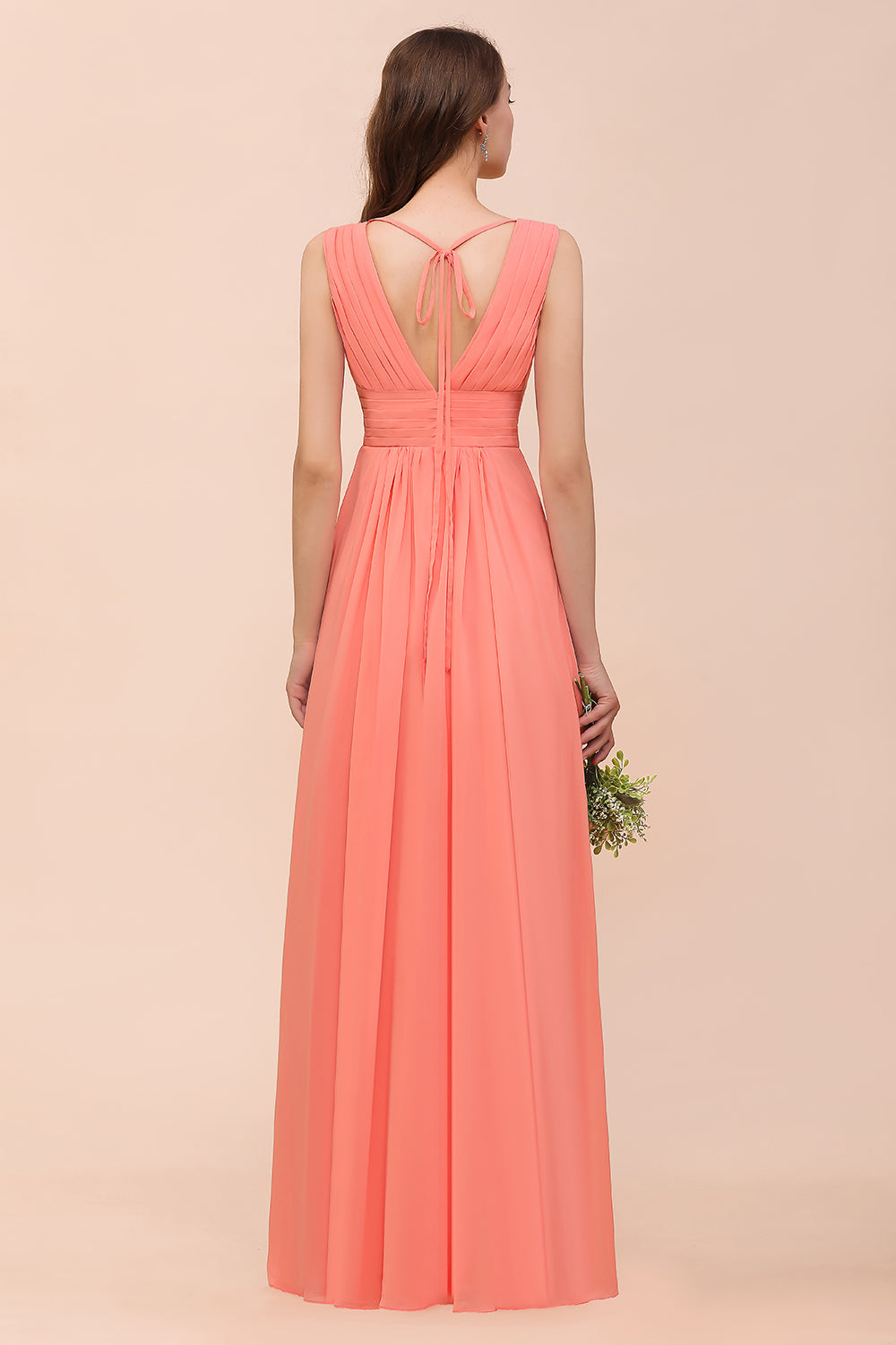 Elegant A-Line V-Neck Ruffle Chiffon Coral Long Bridesmaid Dress Elegant A-Line V-Neck Ruffle Chiffon Coral Long Bridesmaid Dress