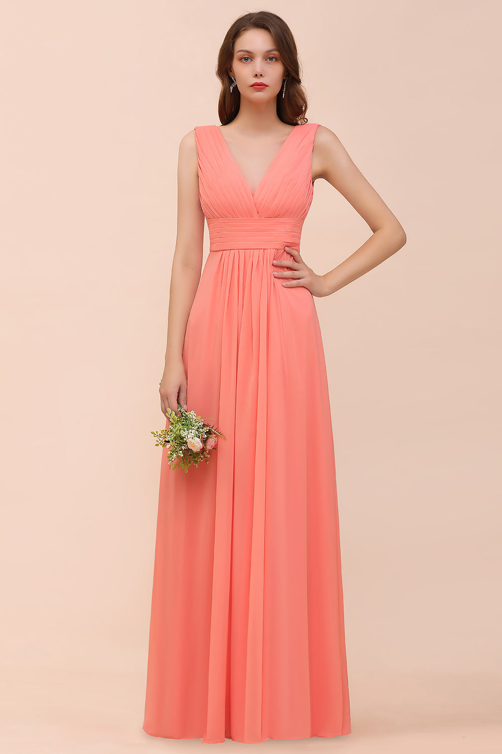 Elegant A-Line V-Neck Ruffle Chiffon Coral Long Bridesmaid Dress Elegant A-Line V-Neck Ruffle Chiffon Coral Long Bridesmaid Dress