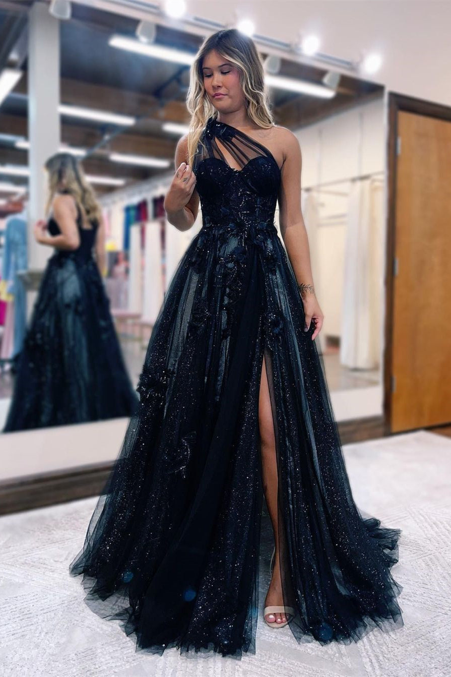 Elegant Black Long A-line One Shoulder Tulle Evening Dress with Slit – BIZTUNNEL