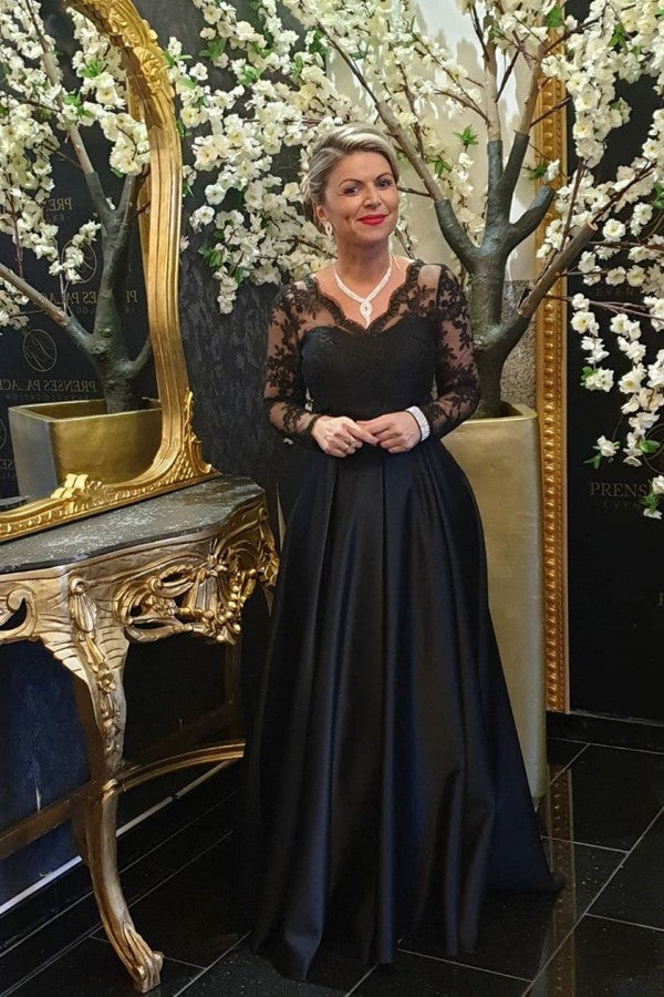 green emerald velvet dress Elegant Black Long Sleeves V-Neck Lace Mother of The Bride Dress