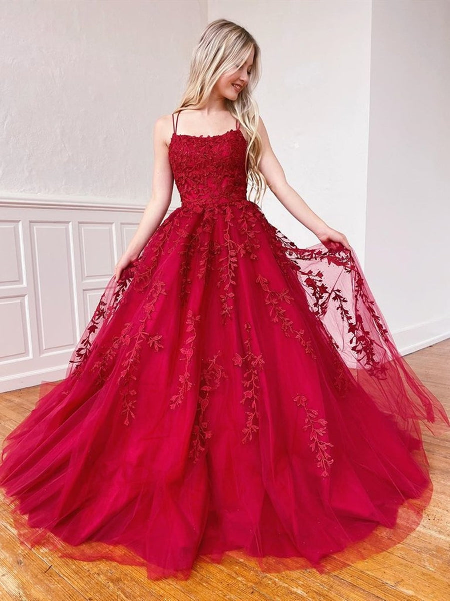Elegant Burgundy Long A-line Strapless Tulle Lace Prom Dresses BIZTUNNEL Elegant Burgundy Long A-line Strapless Tulle Lace Prom Dresses BIZTUNNEL