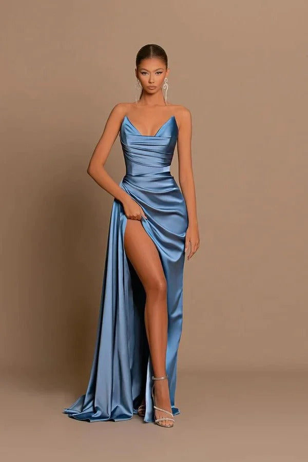green emerald velvet dress Elegant Dusty Blue Long Mermaid Sweetheart Sleeveless Formal Prom Dress with Slit