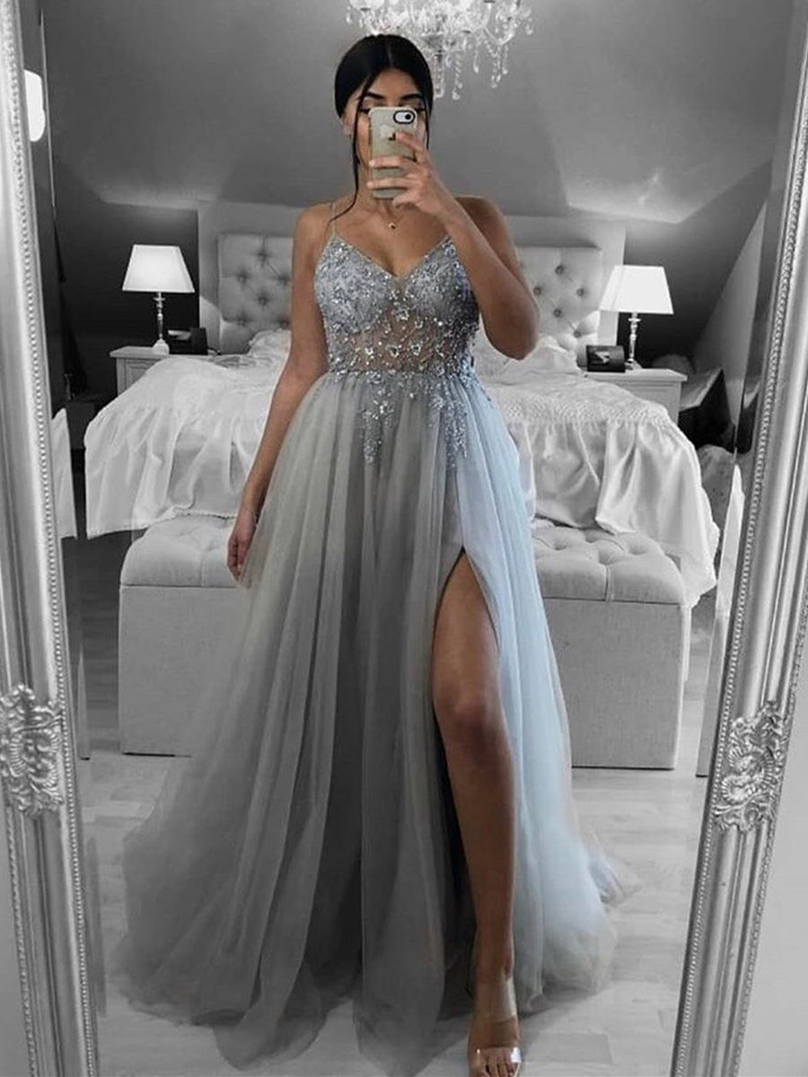 Elegant Gray Long A Line V Neck Open Back Beaded Formal Prom Dresses w BIZTUNNEL Elegant Gray Long A Line V Neck Open Back Beaded Formal Prom Dresses w BIZTUNNEL