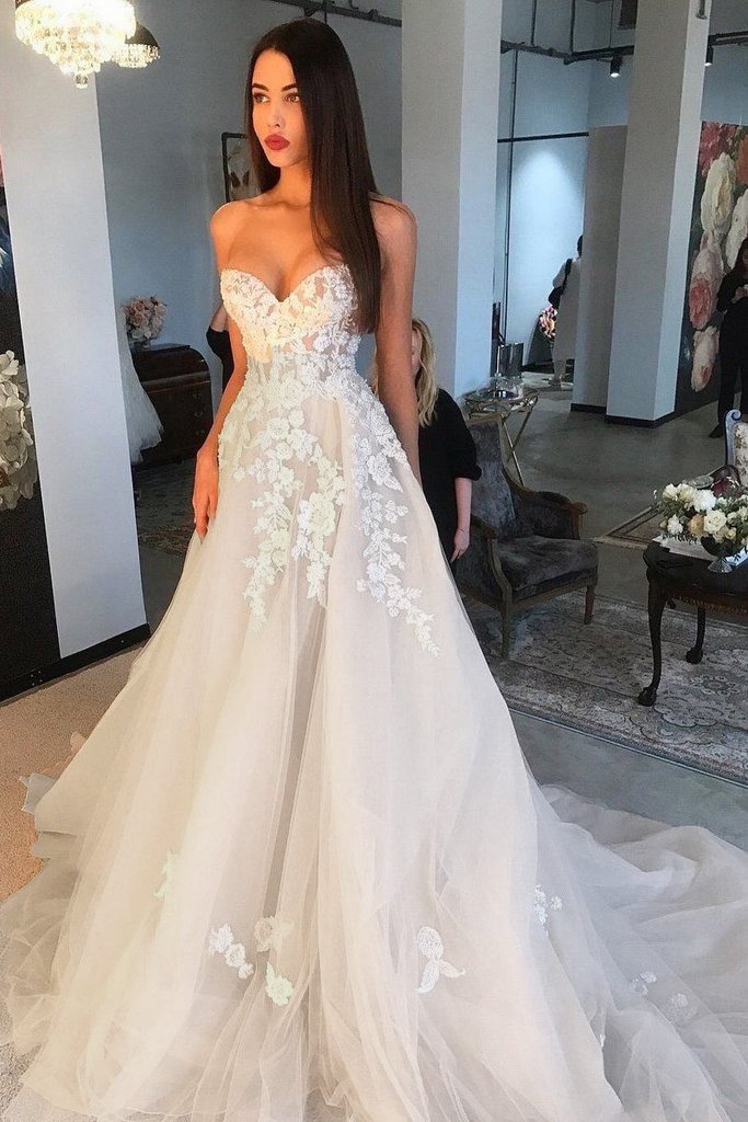 Elegant Ivory Long A Line Sweetheart Tulle Lace Applique Wedding Dress Elegant Ivory Long A Line Sweetheart Tulle Lace Applique Wedding Dress