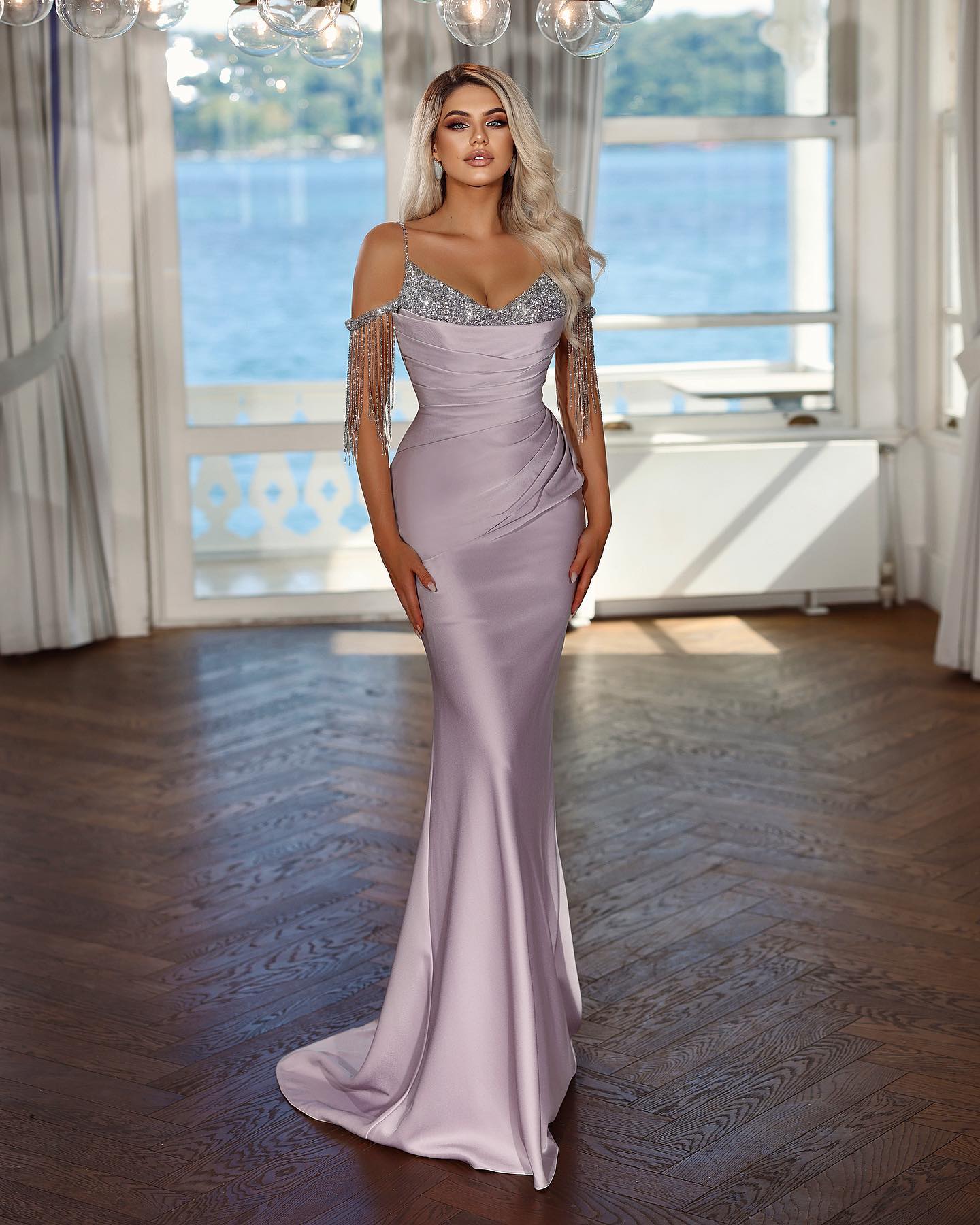 evening dress with tassels Scala 61315 Long Beaded Formal Fringe Prom Dress