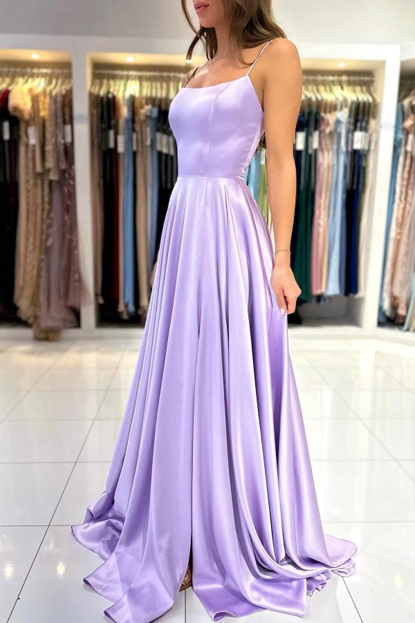 Elegant Lilac Long A-line Spaghetti Straps Lace-Up Satin Prom Dresses BIZTUNNEL Elegant Lilac Long A-line Spaghetti Straps Lace-Up Satin Prom Dresses BIZTUNNEL