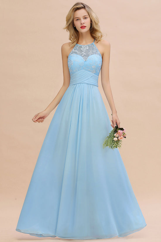 Elegant Long A-line Appliques Halter Chiffon Bridesmaid Dress Online-BIZTUNNEL