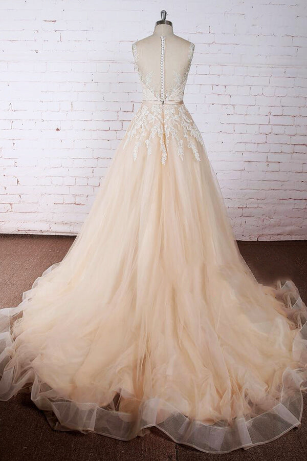 Elegant Long A-line Appliques Lace Tulle Wedding Dress BIZTUNNEL Elegant Long A-line Appliques Lace Tulle Wedding Dress BIZTUNNEL