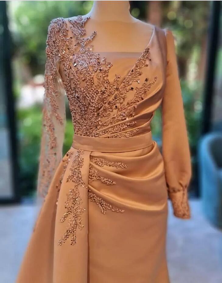 Elegant Long A-Line Bateau Lace Ruffles Satin Prom Dress with Sleeves Elegant Long A-Line Bateau Lace Ruffles Satin Prom Dress with Sleeves