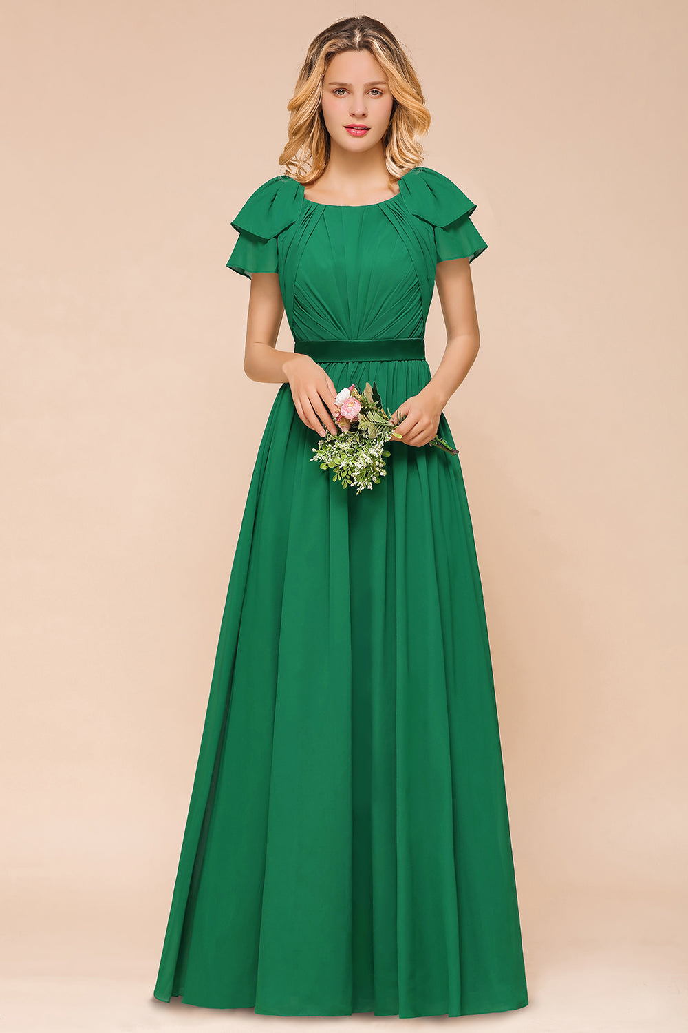 white christmas dresses Elegant Long A-Line Bateau Ruched Chiffon Bridesmaid Dress with Sleeves