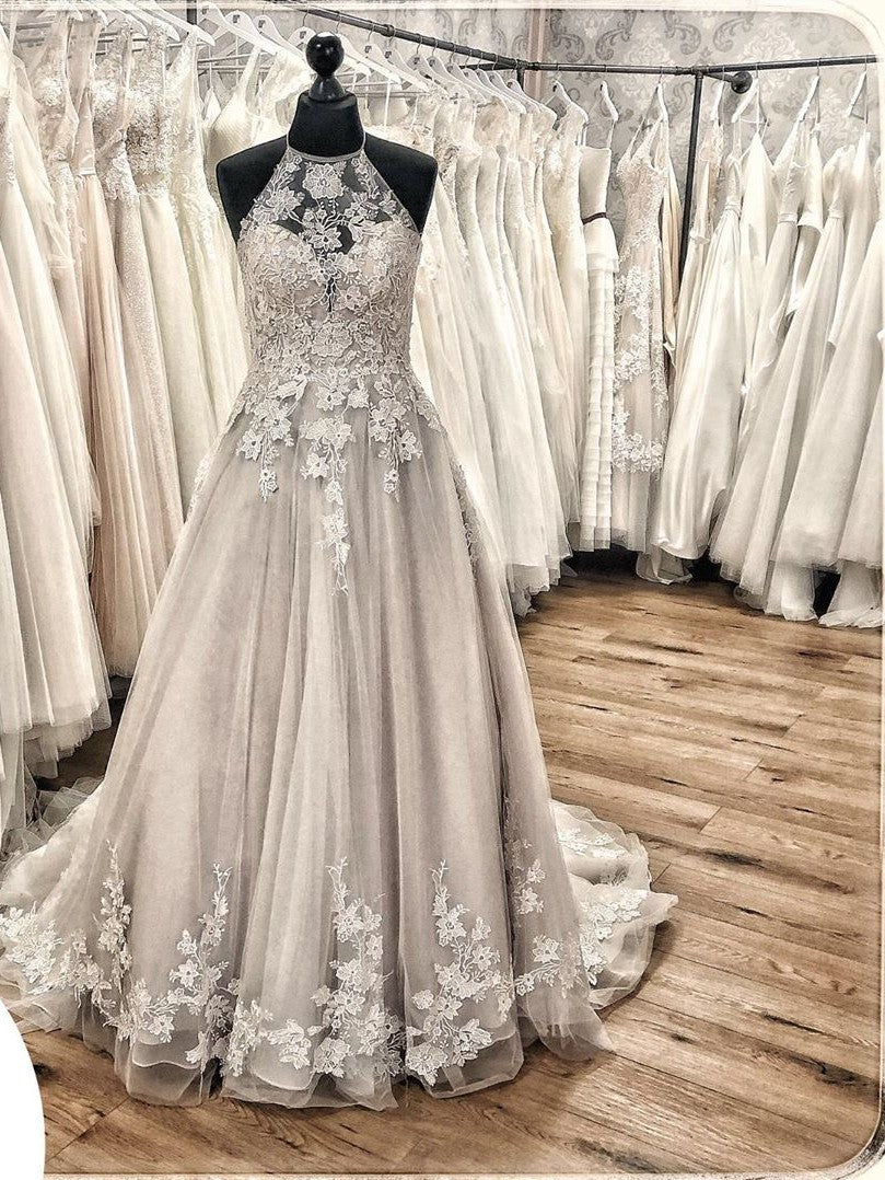Elegant Long A-line Halter Backless Appliques Lace Tulle Ruffles Train Wedding Dress Elegant Long A-line Halter Backless Appliques Lace Tulle Ruffles Train Wedding Dress