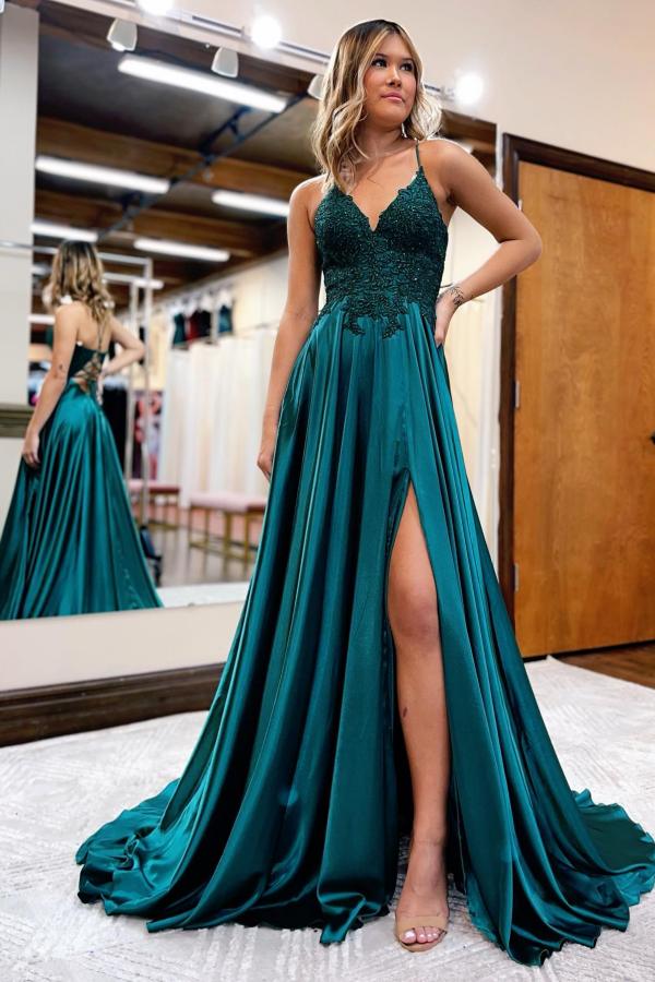 Elegant Long A-line Halter Satin Front Slit Backless Prom Dress with P BIZTUNNEL Elegant Long A-line Halter Satin Front Slit Backless Prom Dress with P BIZTUNNEL