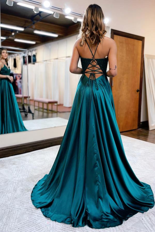 Elegant Long A-line Halter Satin Front Slit Backless Prom Dress with P –  BIZTUNNEL