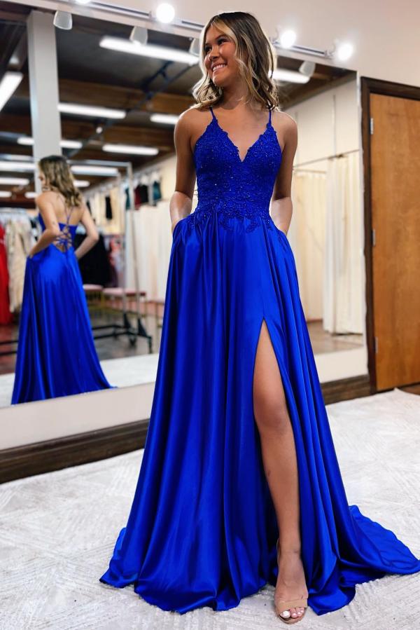 Elegant Long A-line Halter Satin Front Slit Backless Prom Dress with Pocktes Elegant Long A-line Halter Satin Front Slit Backless Prom Dress with Pocktes