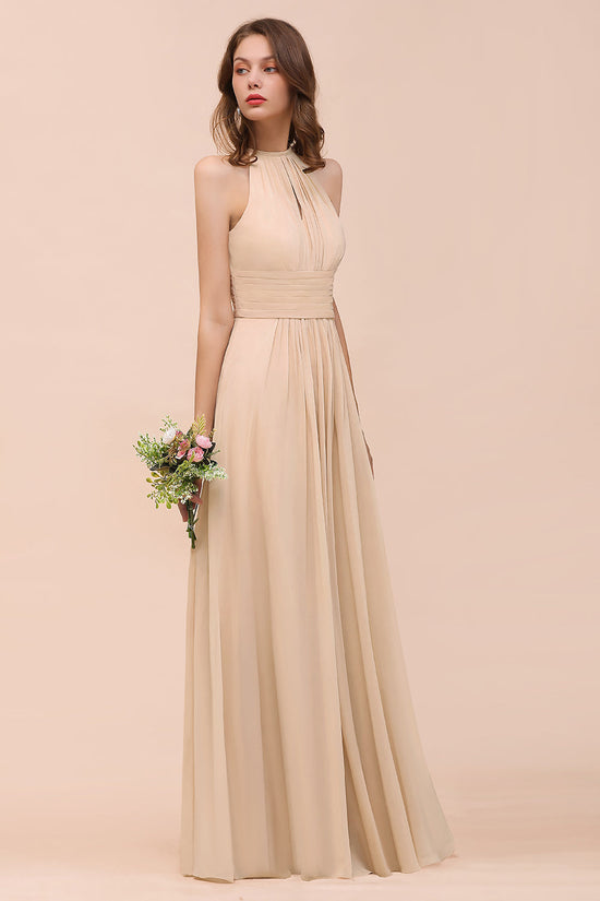 Elegant Long A-Line Jewel Chiffon Champagne Bridesmaid Dress with Ruffle-BIZTUNNEL