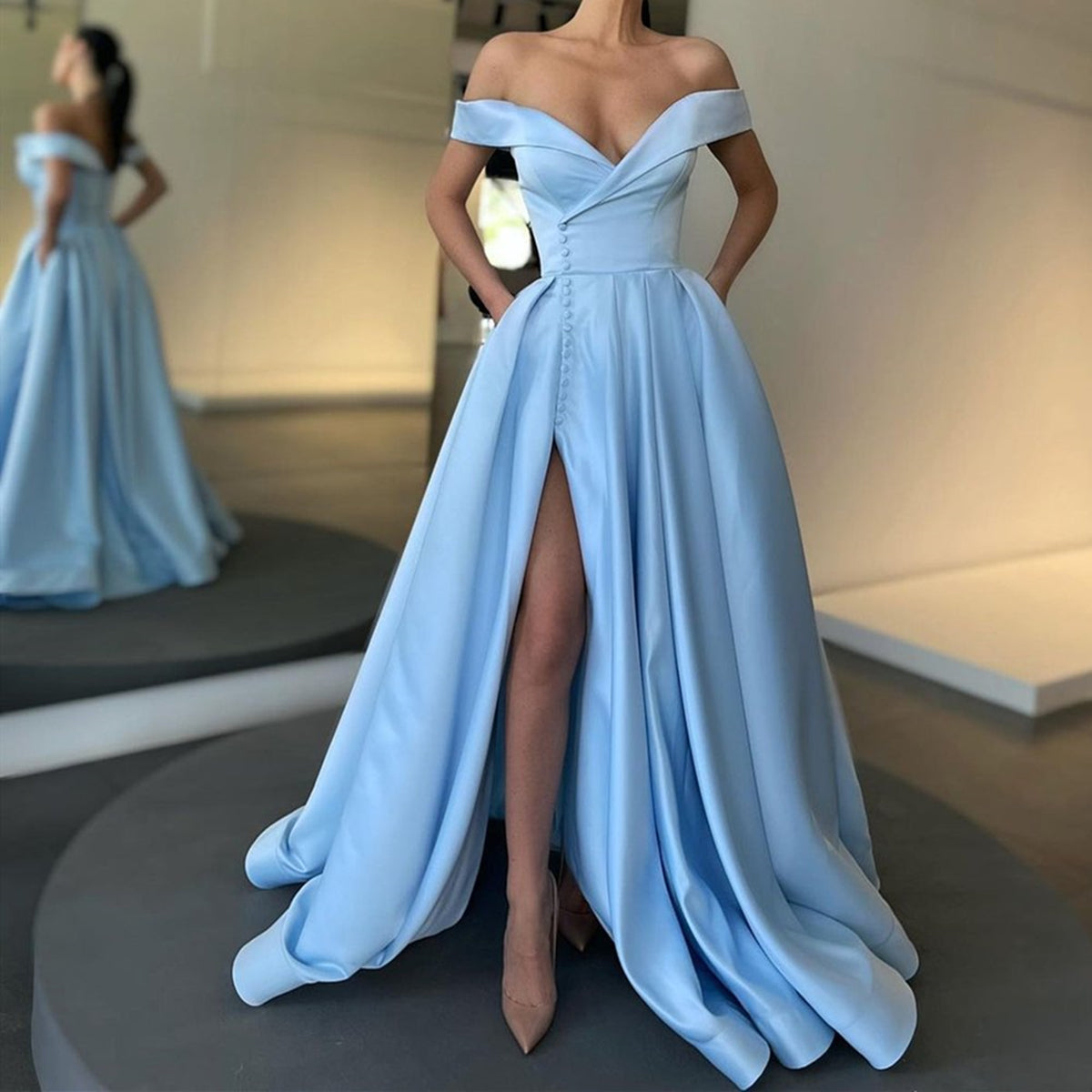 Elegant Long A-line Off the Shoulder Satin Formal Prom Dresses with Sl BIZTUNNEL Elegant Long A-line Off the Shoulder Satin Formal Prom Dresses with Sl BIZTUNNEL
