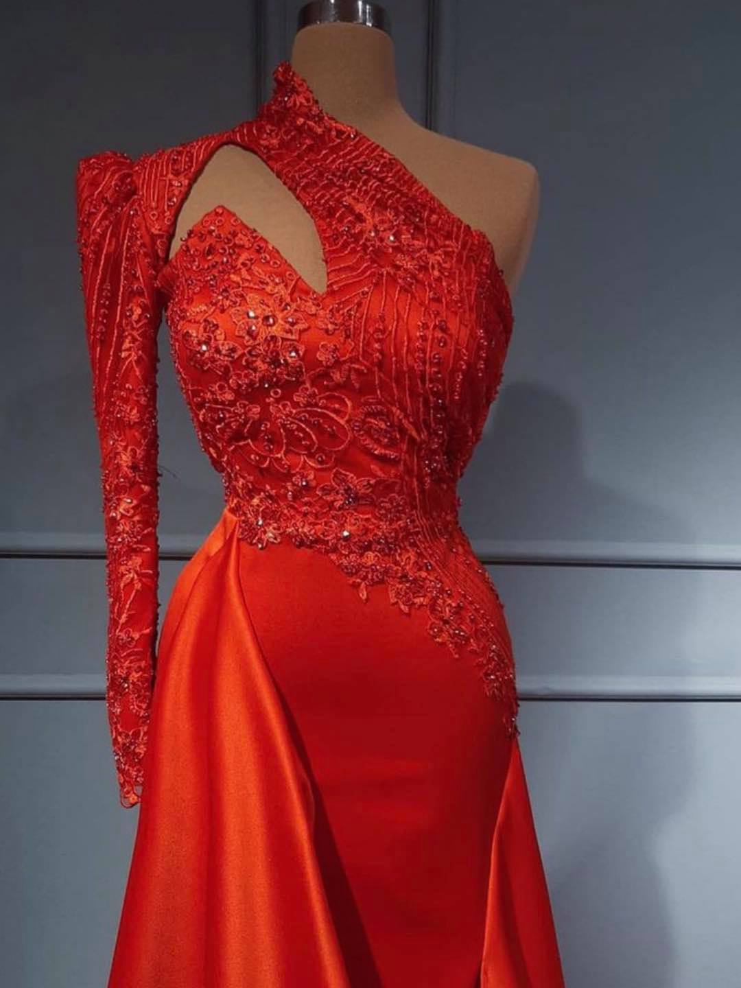 Elegant Long A-Line One Shouder Satin Prom Dress with Sleeves Elegant Long A-Line One Shouder Satin Prom Dress with Sleeves