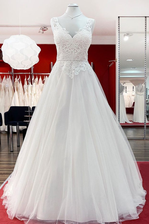 open lace back dress A-Line Lace Bridal Gown,Princess Wedding Dress,WD00639, US16W / Champagne main image 1