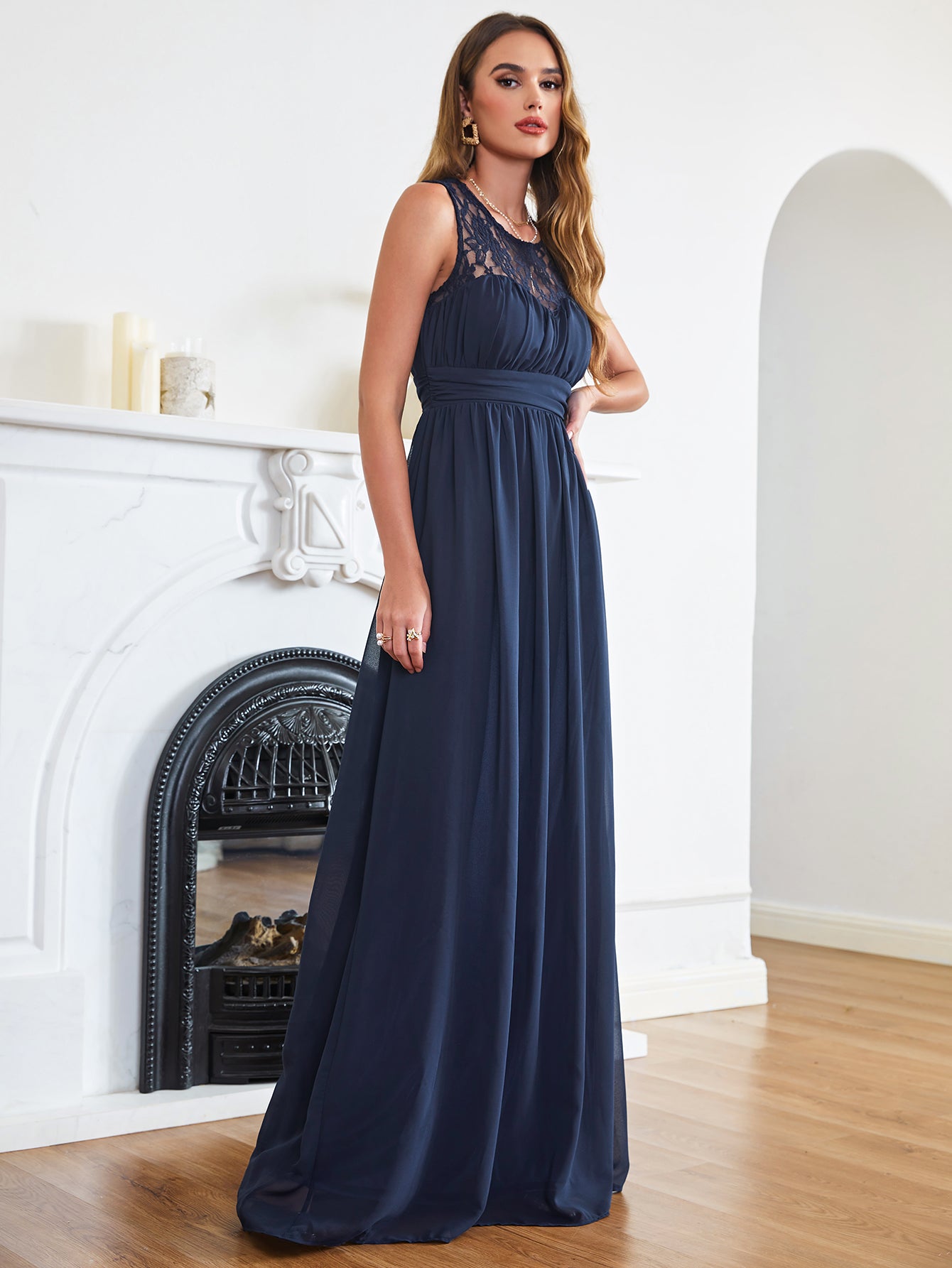 Elegant Long A Line Round Neck Chiffon Floor Length Formal Dresses Dark Navy / US6