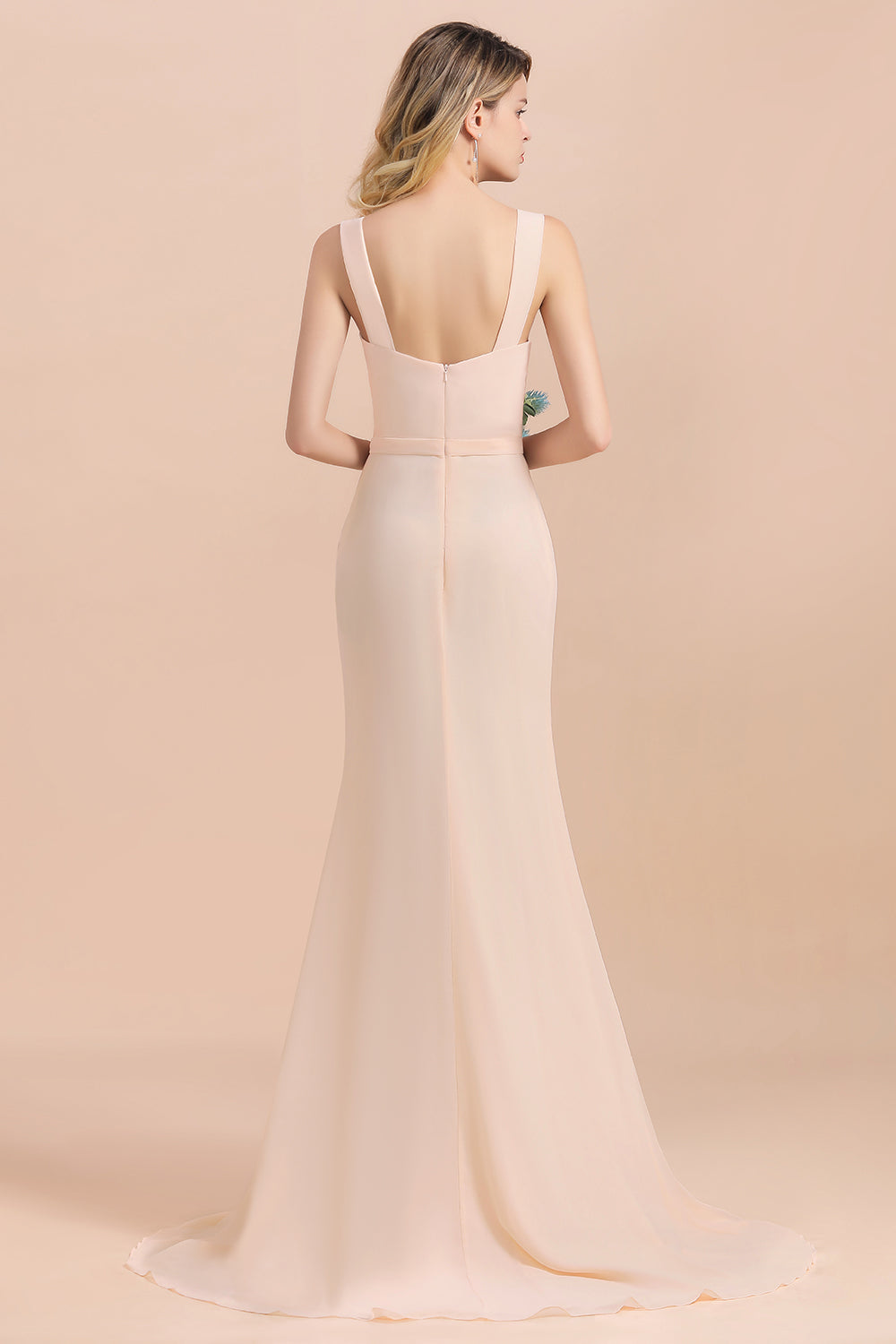 navy blue dress for baby girl Elegant Long A-Line Scoop Neck Chiffon Backless Bridesmaid Dress with Slit