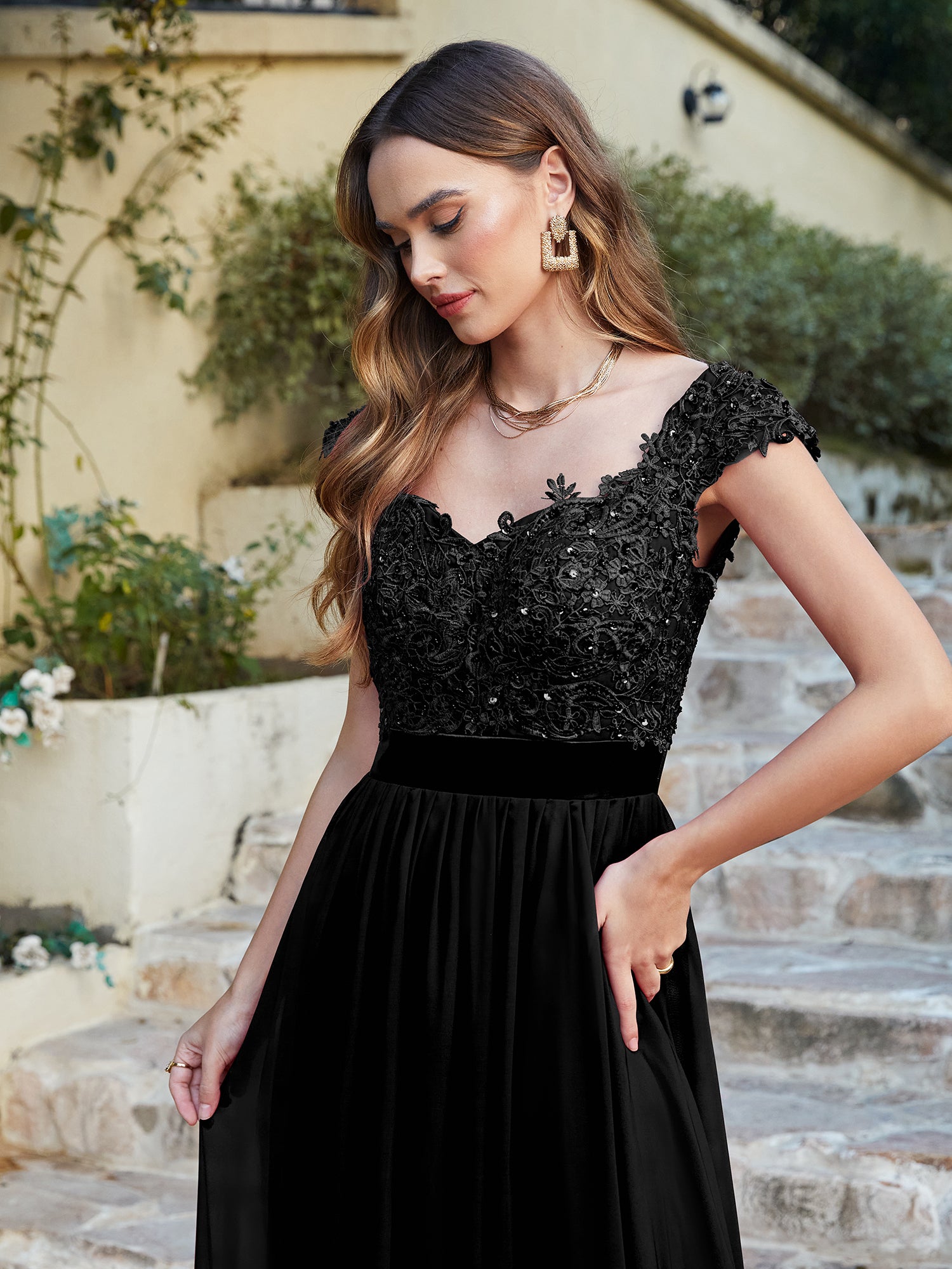 Elegant Long A line Scoop Neck Chiffon Floor Length Dress Lace Bridesmaid Dress Elegant Long A line Scoop Neck Chiffon Floor Length Dress Lace Bridesmaid Dress