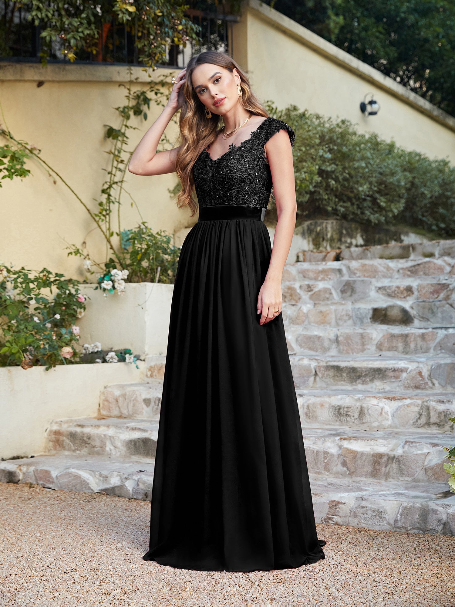 Elegant Long A line Scoop Neck Chiffon Floor Length Dress Lace Bridesm BIZTUNNEL Elegant Long A line Scoop Neck Chiffon Floor Length Dress Lace Bridesm BIZTUNNEL