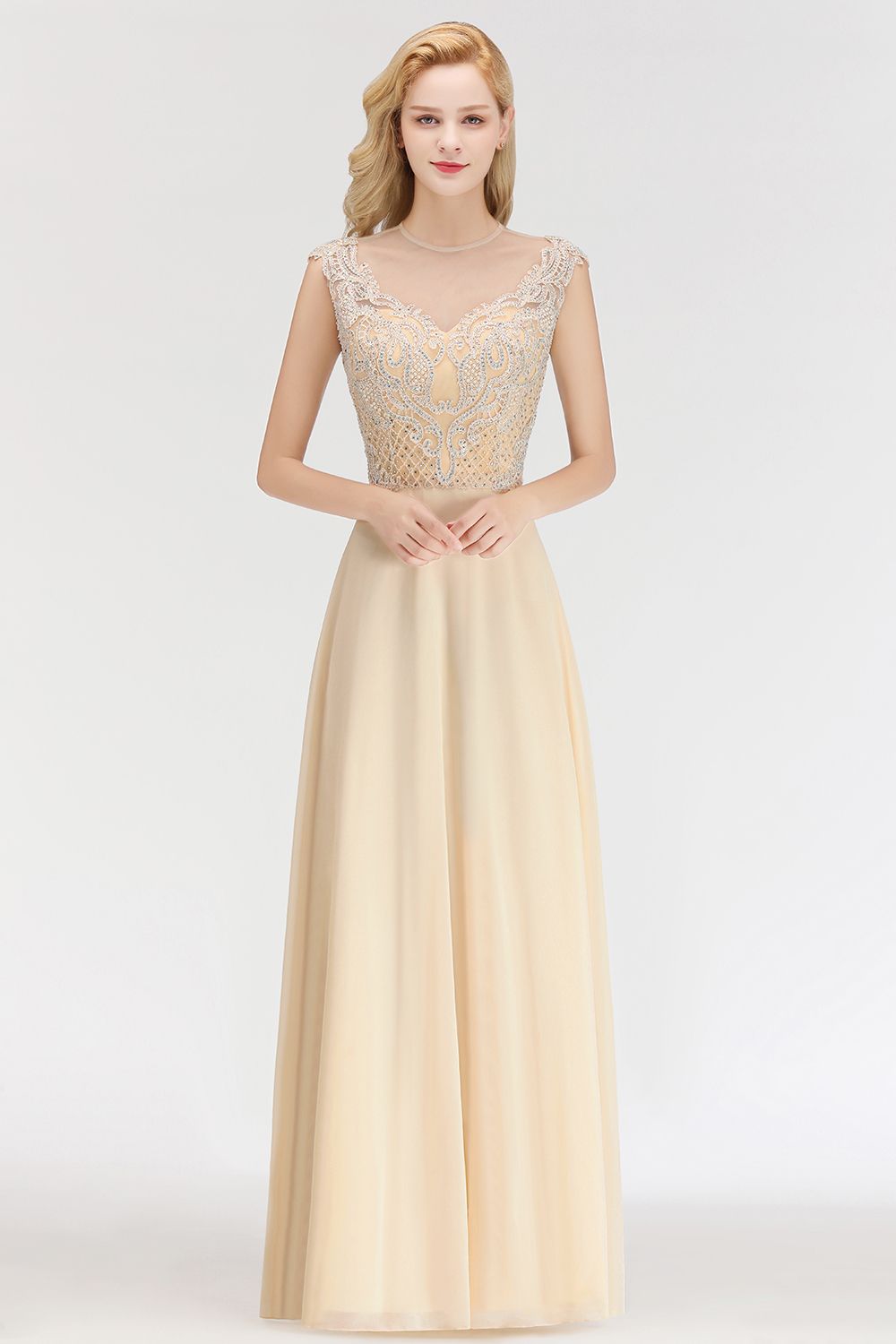 Elegant Long A-Line Sleeveless Crystal Jewel Champagne Bridesmaid Dress Elegant Long A-Line Sleeveless Crystal Jewel Champagne Bridesmaid Dress