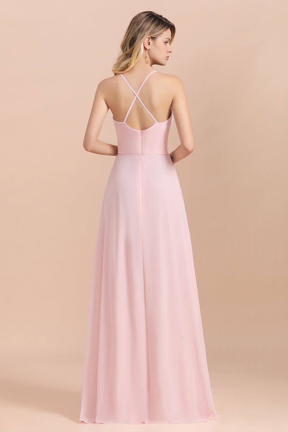 Elegant Long A-Line Spaghetti Straps Chiffon Pink Bridesmaid Dress