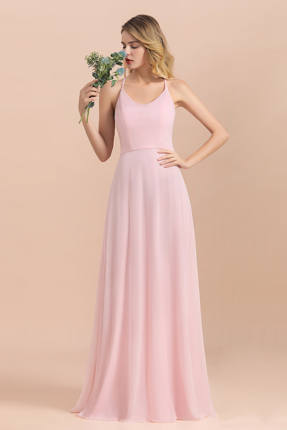 Elegant Long A-Line Spaghetti Straps Chiffon Pink Bridesmaid Dress