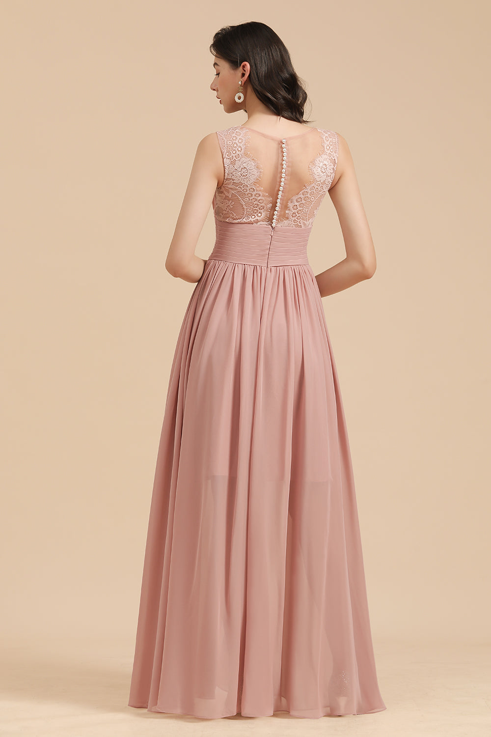Elegant Long A-line Straps Lace Chiffon Dusty Rose Bridesmaid Dress Elegant Long A-line Straps Lace Chiffon Dusty Rose Bridesmaid Dress