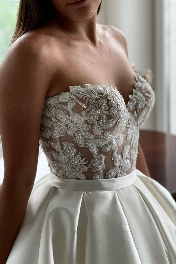 Elegant Long A-Line Sweetheart Lace Satin Wedding Dresses Elegant Long A-Line Sweetheart Lace Satin Wedding Dresses