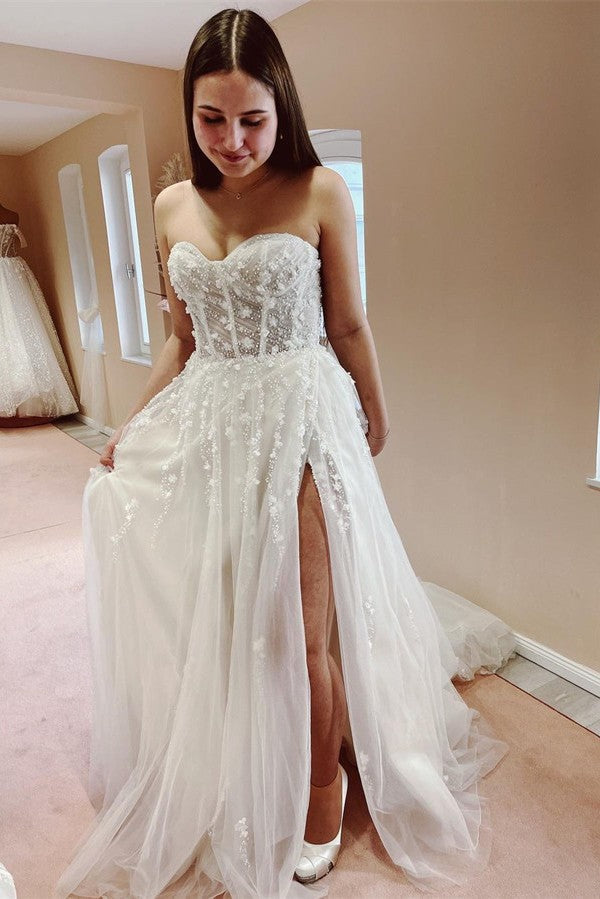 a line sweetheart tulle wedding dress A line Sweetheart Ivory Tulle Boho Wedding Dress with Slit QW2699 US4 / Ivory