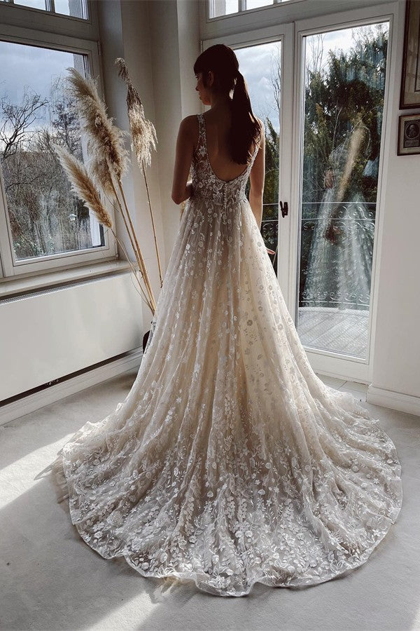 Elegant Long A-line V-neck Backless Tulle Lace Wedding Dresses Elegant Long A-line V-neck Backless Tulle Lace Wedding Dresses