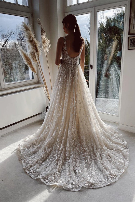 Elegant Long A-line V-neck Backless Tulle Lace Wedding Dresses-BIZTUNNEL