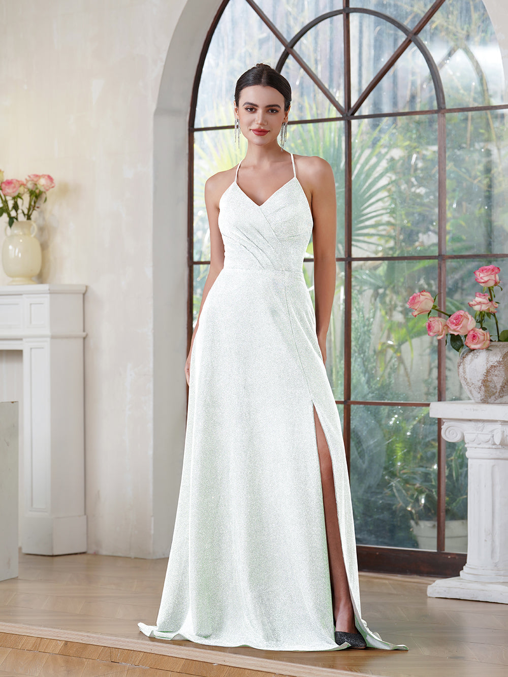 beaded halter dress Elizabeth K GL1548 Prom Dress - Champagne